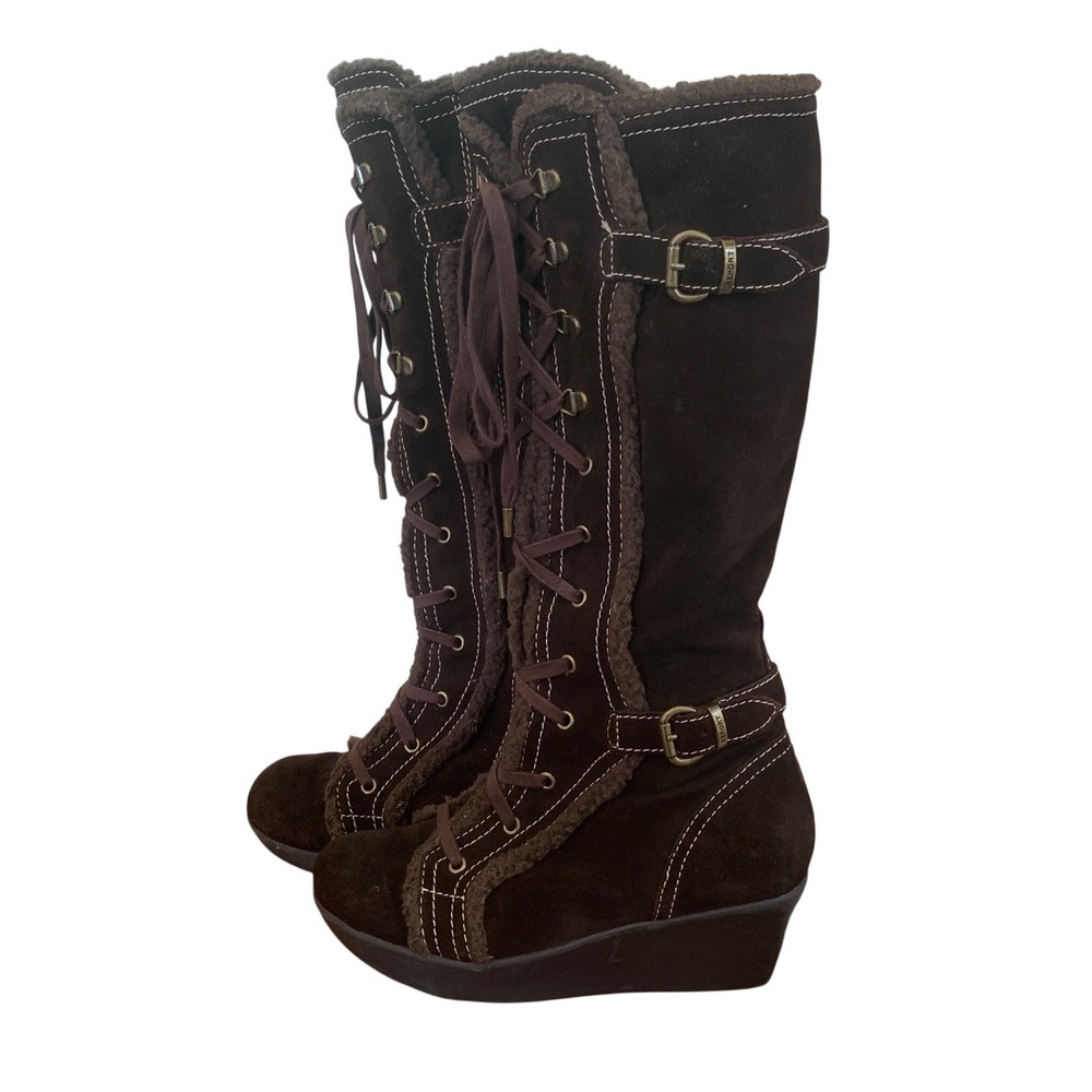 Report Ranier Brown Suede Leather Knee High Lace Up Wedge Boots 8.5